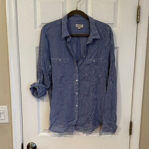 LOFT Navy and White Striped Button-Down Shirt